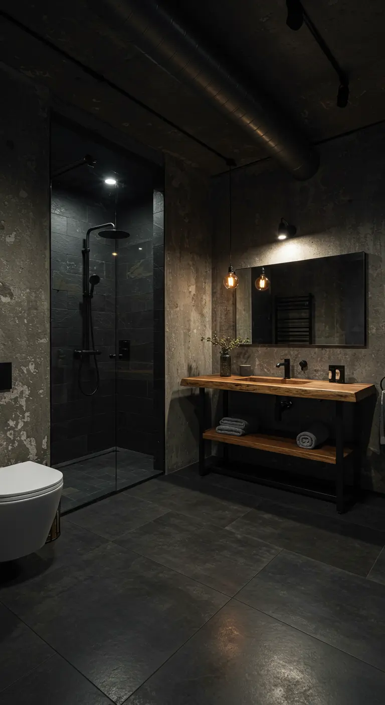 Dark industrial bathroom with a walk-in shower and wood vanity.