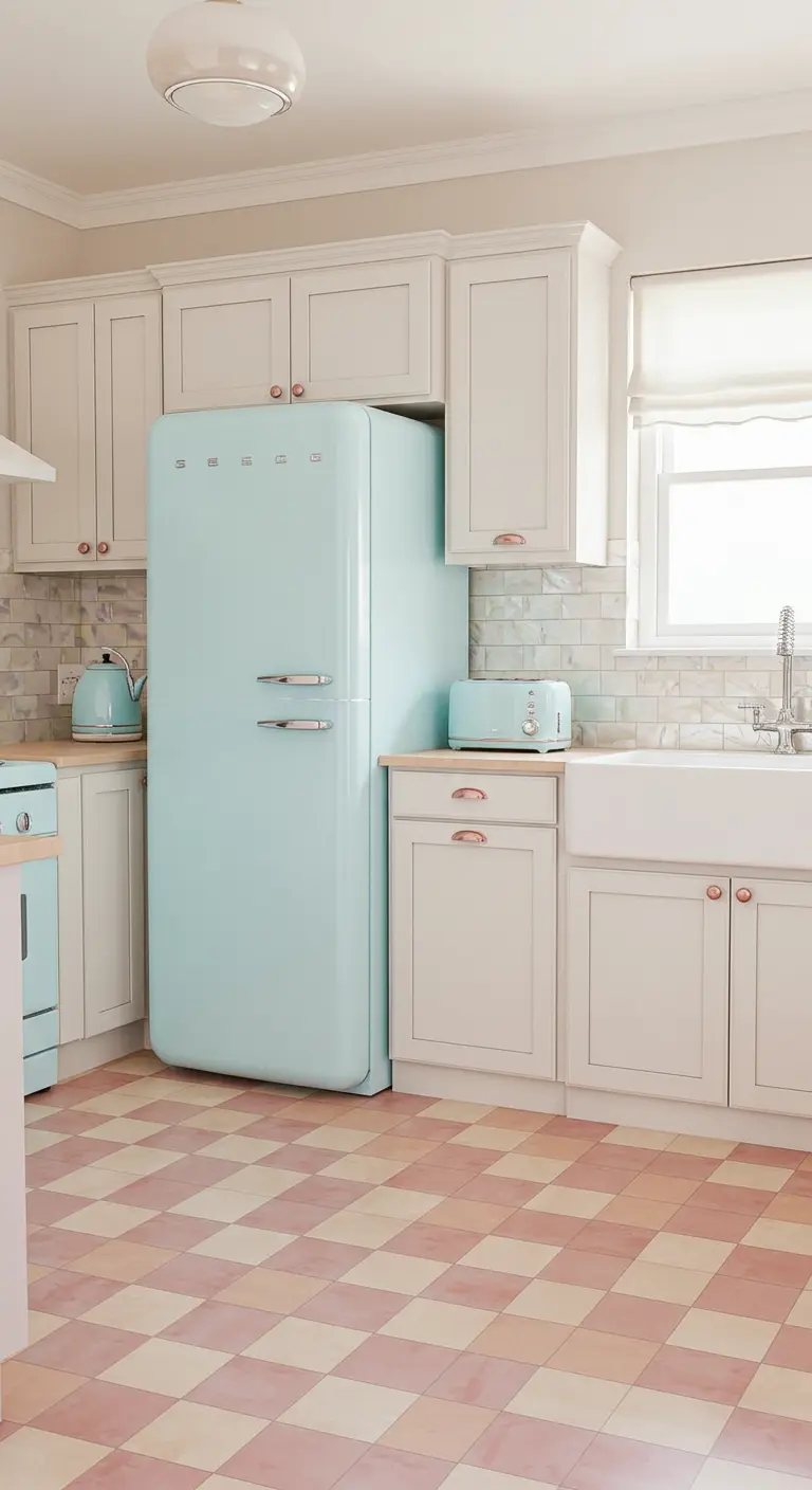 Kitchen with off-white cabinets, a pastel blue retro fridge, and a pink checkerboard floor.