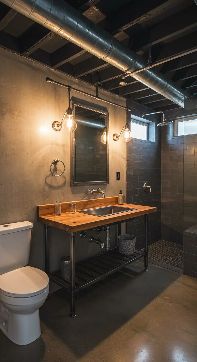 Industrial bathroom with exposed ductwork on the ceiling and pipe-style lighting.