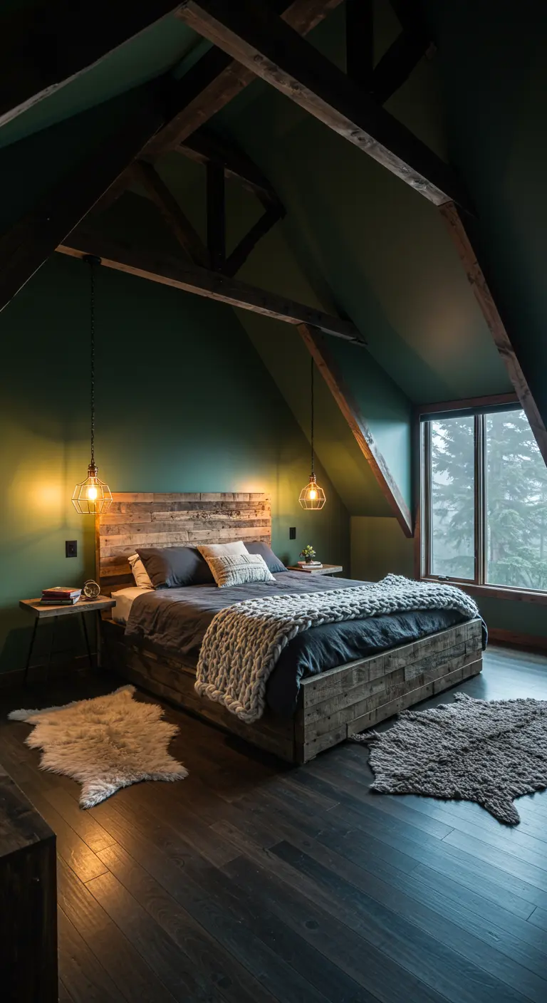 Attic bedroom with dark green walls, wood beams, and copper pendant lights over a rustic bed.
