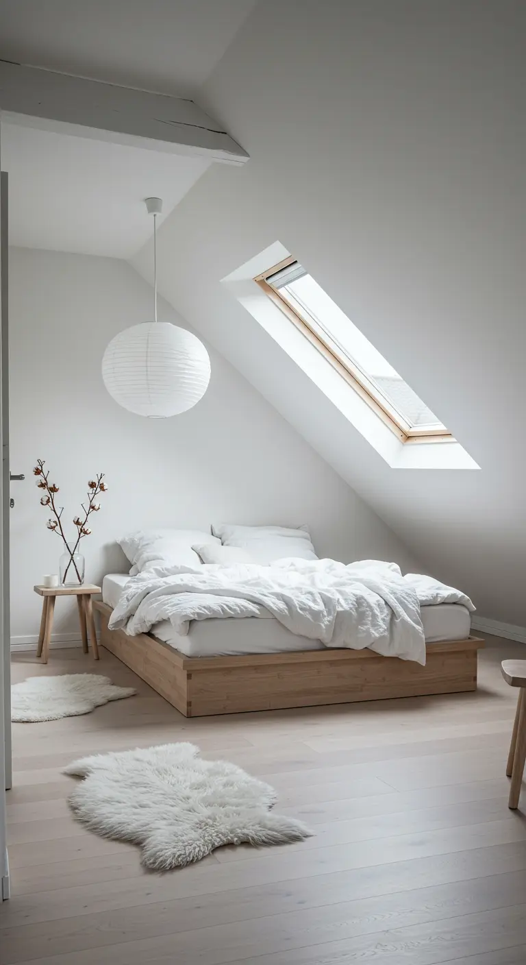 A minimalist attic bedroom with a skylight, a low wooden bed, and a large paper lantern.
