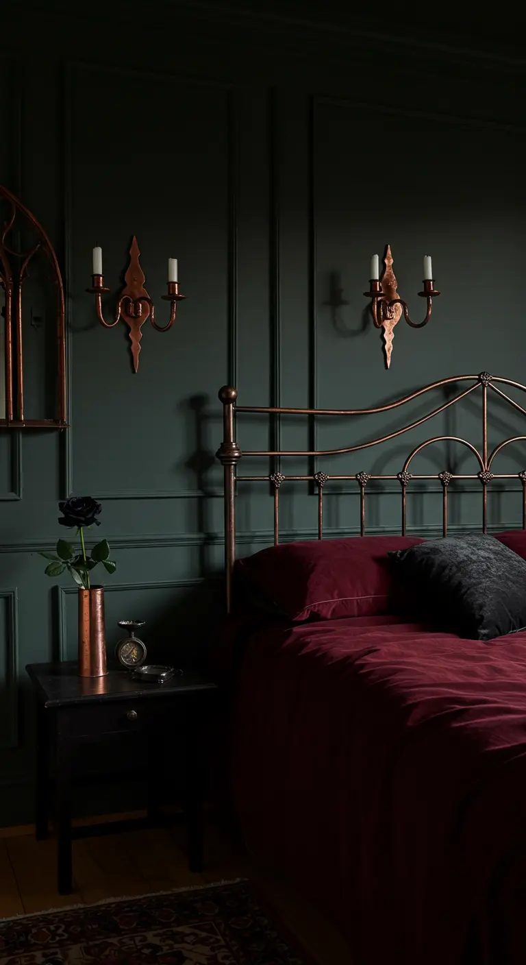 Gothic-style bedroom with dark green paneled walls, copper sconces, and burgundy bedding.