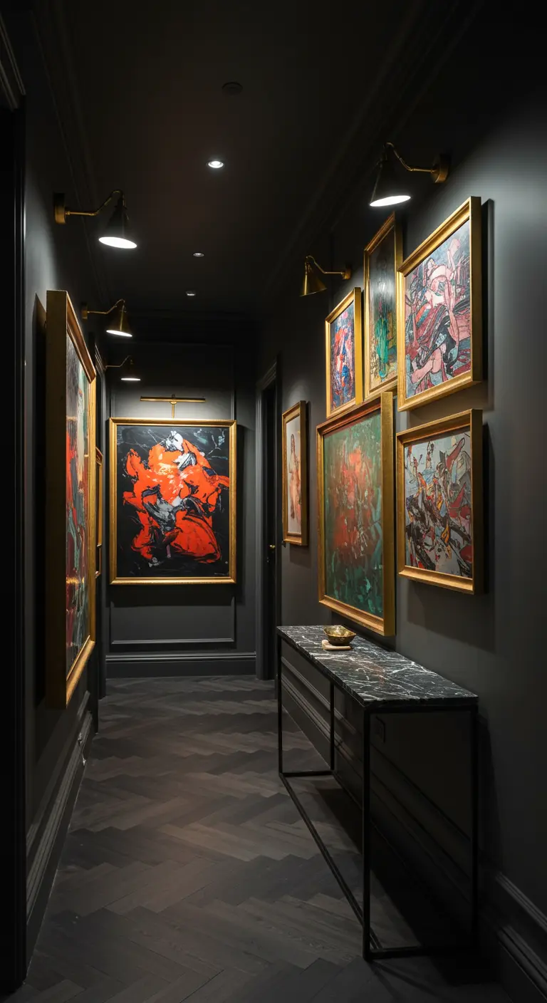 Dark, moody hallway with art illuminated by picture lights and a narrow marble console table.