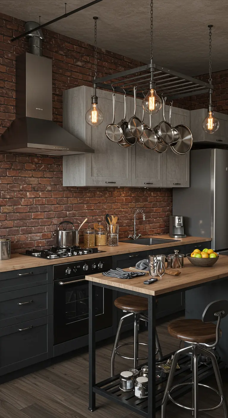 Industrial kitchen with exposed brick, a hanging pot rack, and dark cabinets.