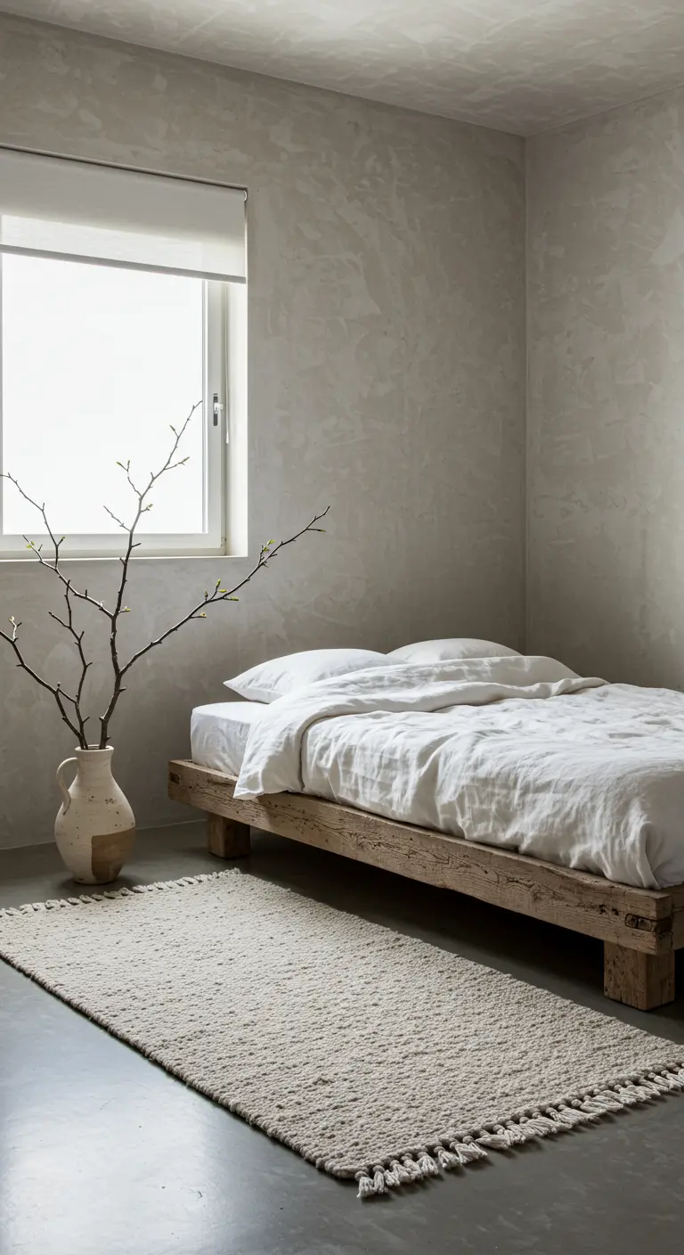 A minimalist bedroom with textured plaster walls and a reclaimed wood bed.