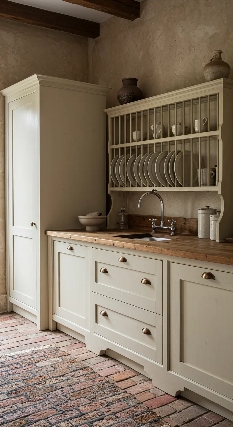 Country kitchen with buttermilk cabinets, a reclaimed brick floor, and textured plaster walls.