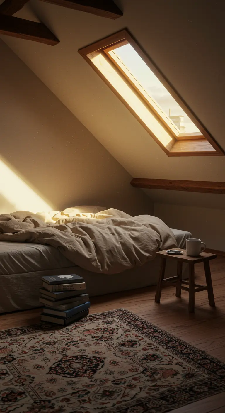 Cozy loft bedroom with a stack of books used as a side table.