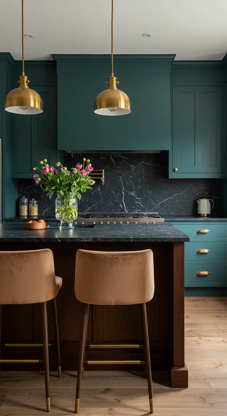Dark green kitchen with a black marble backsplash, dark wood island, and tan velvet stools.