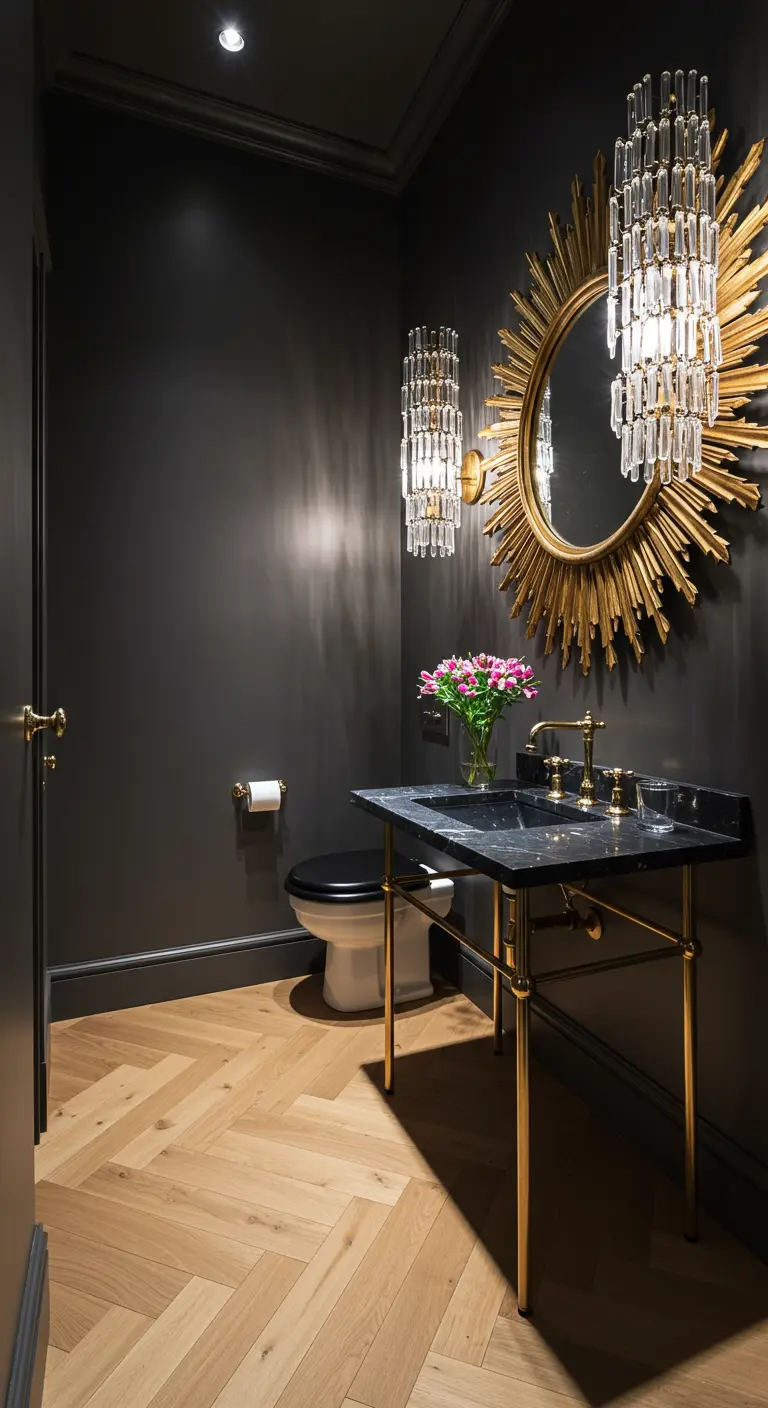 Dark powder room with a gold sunburst mirror and cascading crystal sconces.