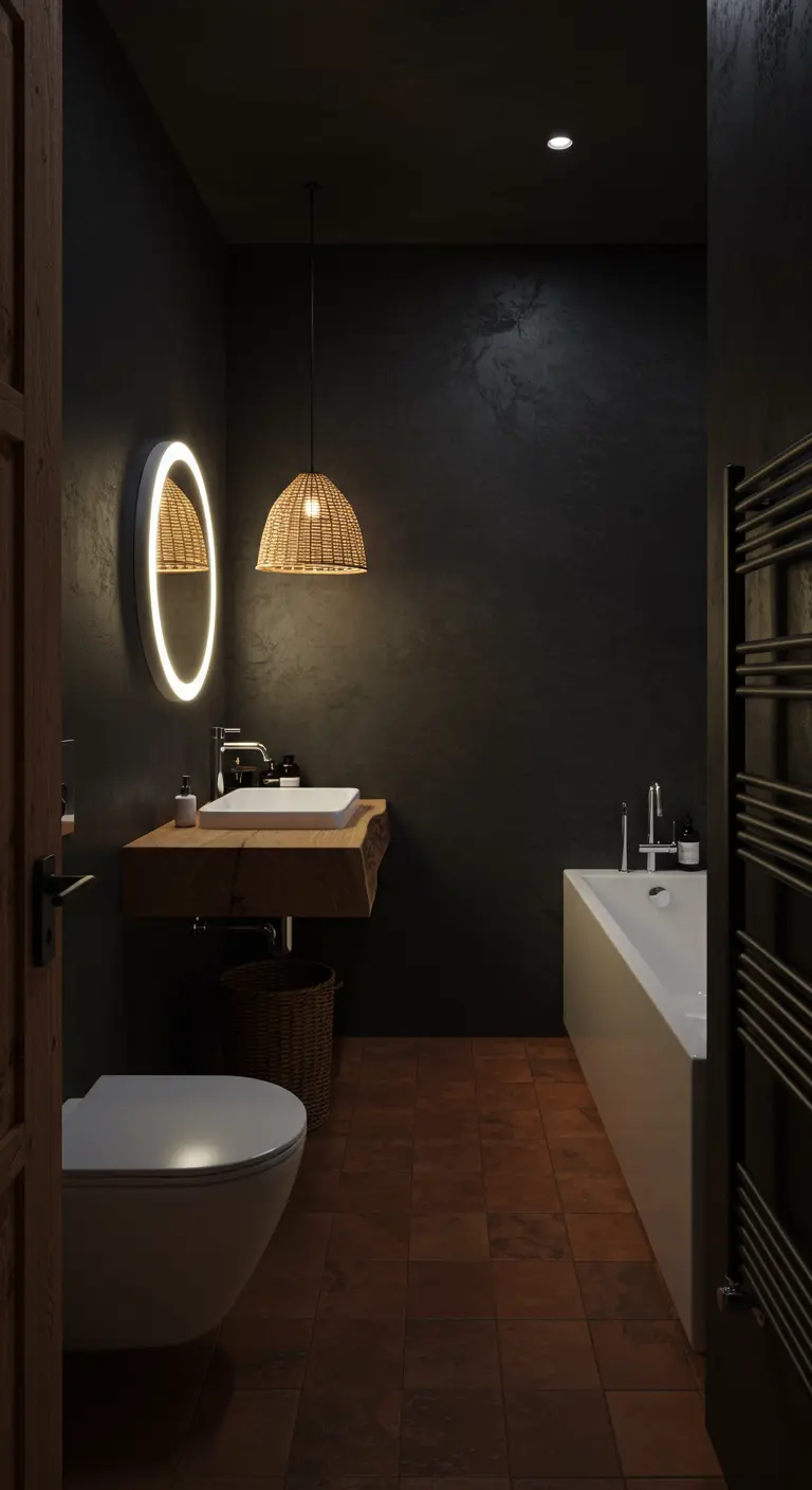 Dark bathroom with textured walls, a rattan pendant light, and a backlit oval mirror.