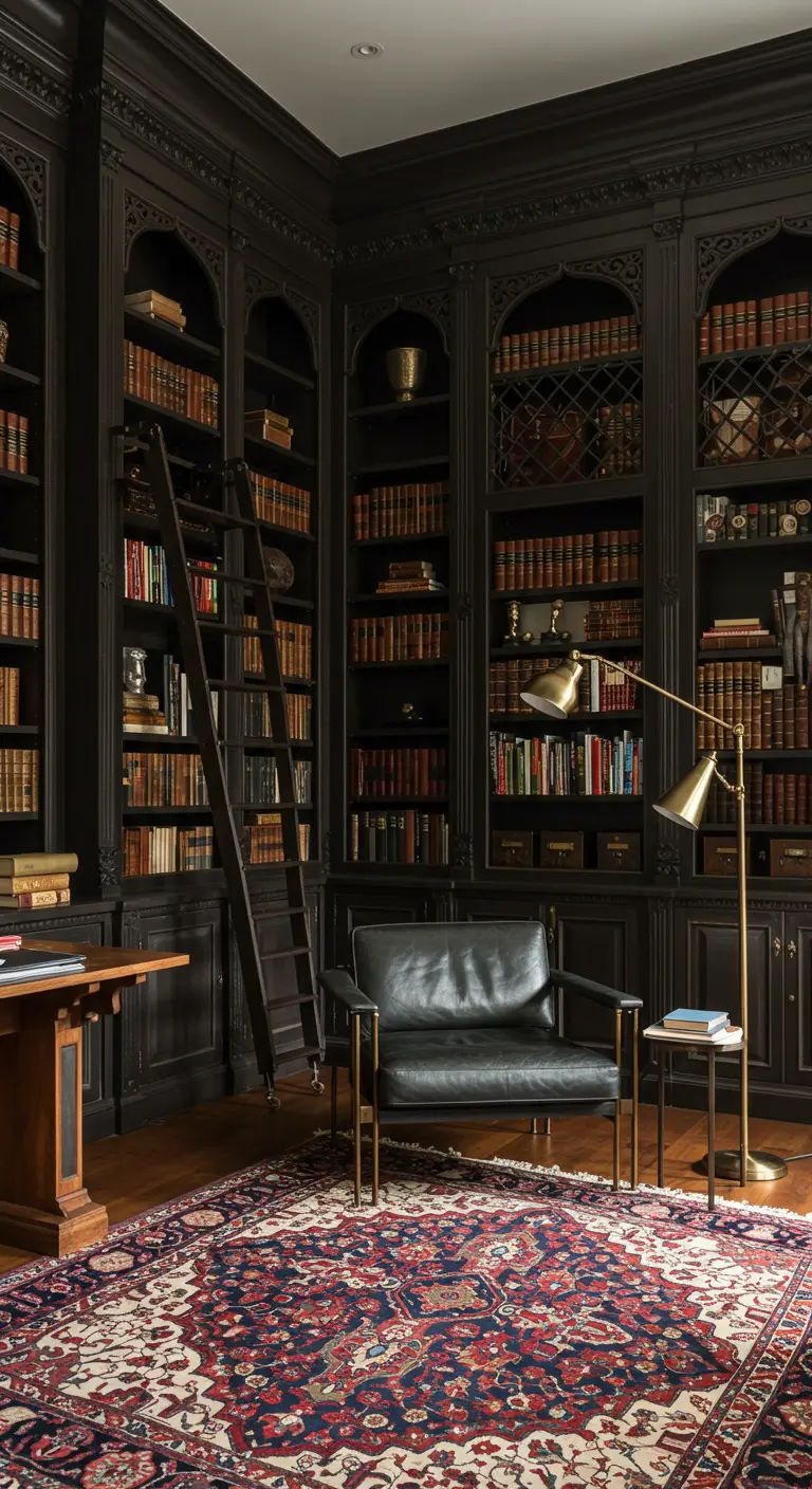 A dark, moody home library with floor-to-ceiling carved wood bookshelves and a ladder.