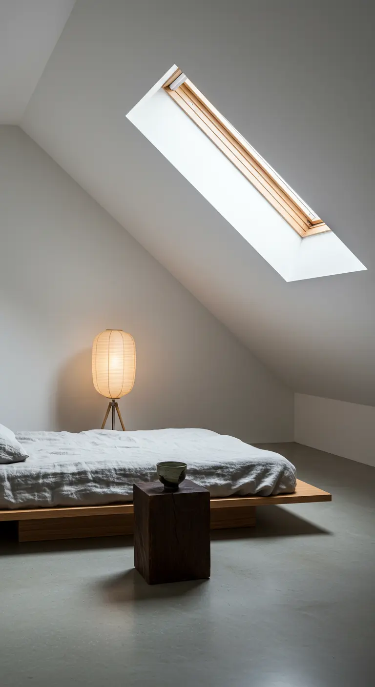 Japandi-style loft bedroom with a low platform bed and concrete floor.