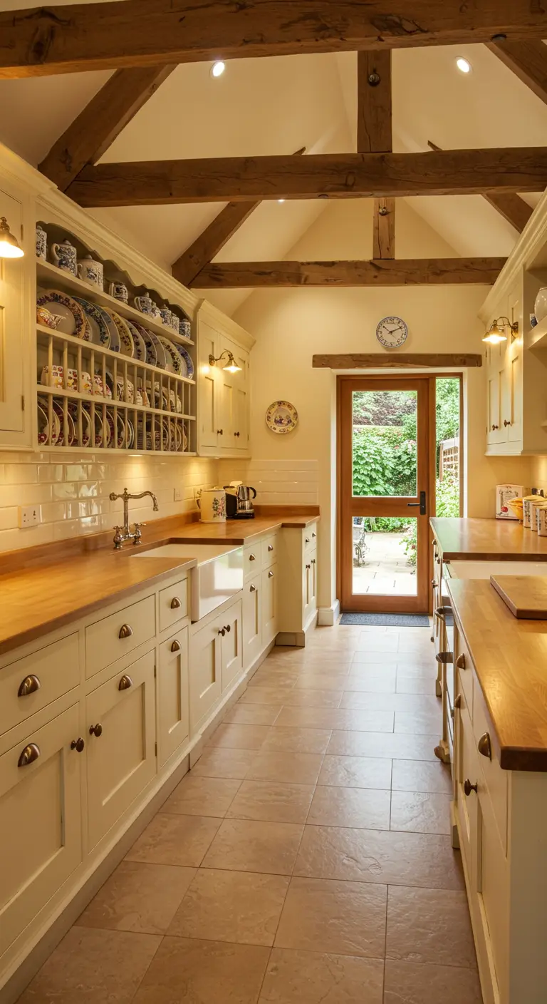 Long galley-style country kitchen with buttermilk cabinets and warm wood countertops.