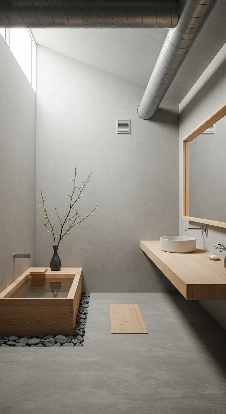 Minimalist bathroom featuring a Japanese wooden soaking tub on pebbles.