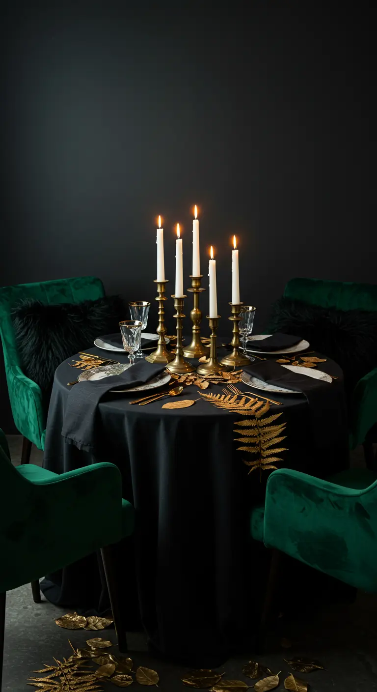 Dark dining table with a black cloth, emerald chairs, and tall brass candelabras.