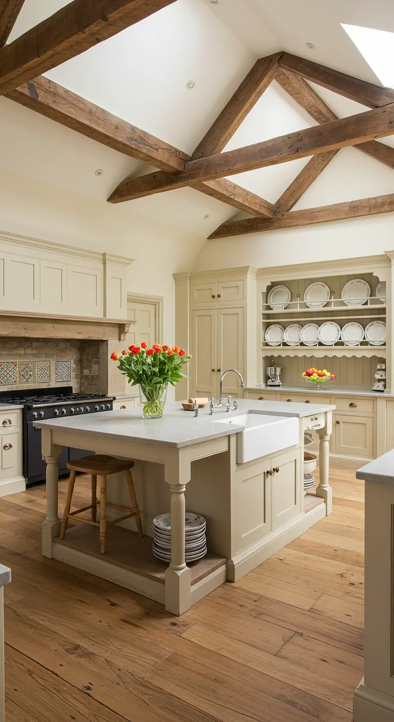Spacious country kitchen with a high vaulted ceiling and dramatic exposed wood beams.