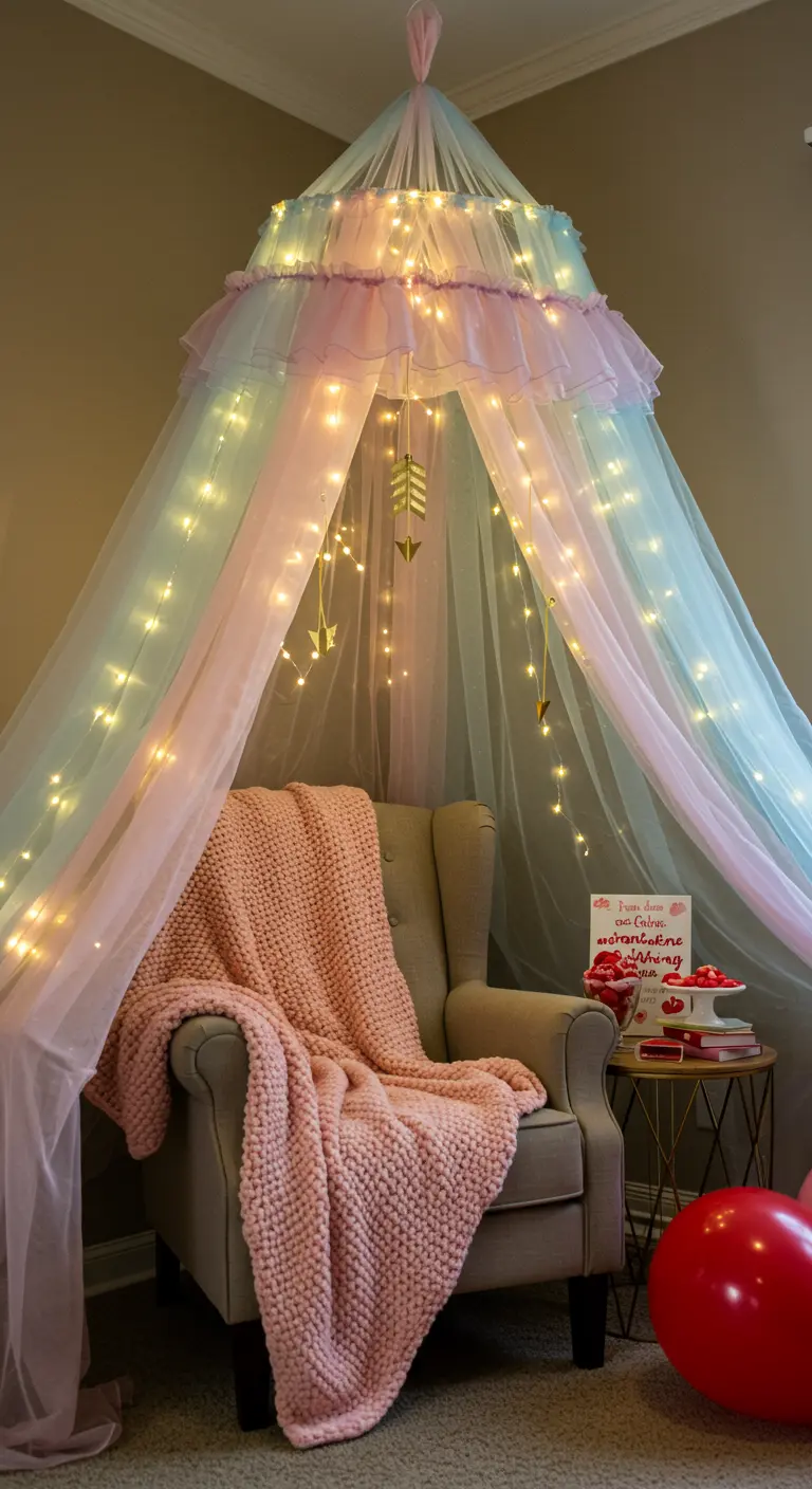 A cozy armchair under a pastel canopy lit with fairy lights and decorated with gold arrows.