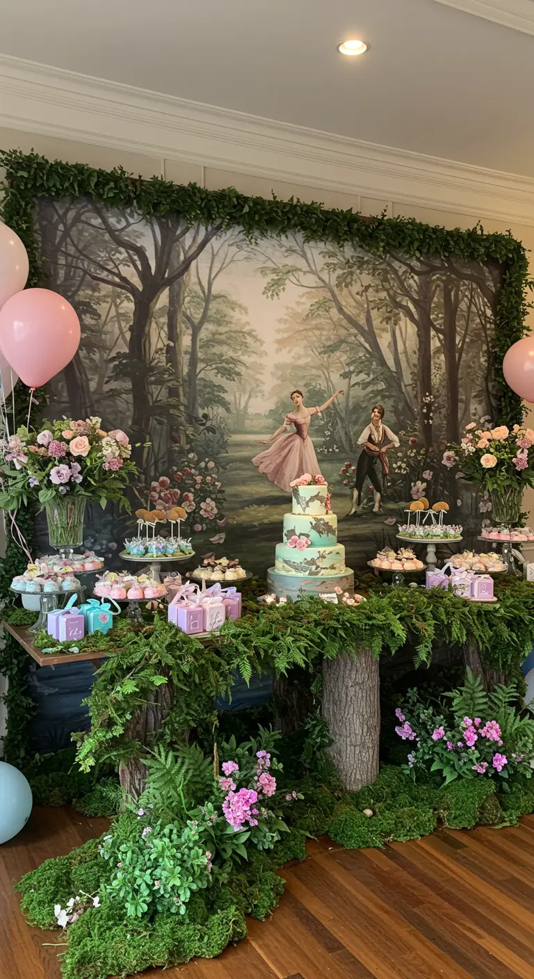A dessert table with a forest backdrop, decorated with moss, ferns, and pink flowers.