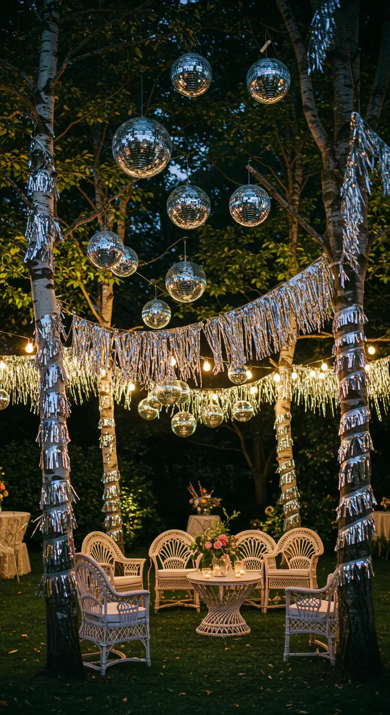 An outdoor night party with trees wrapped in fringe and disco balls hanging from branches.