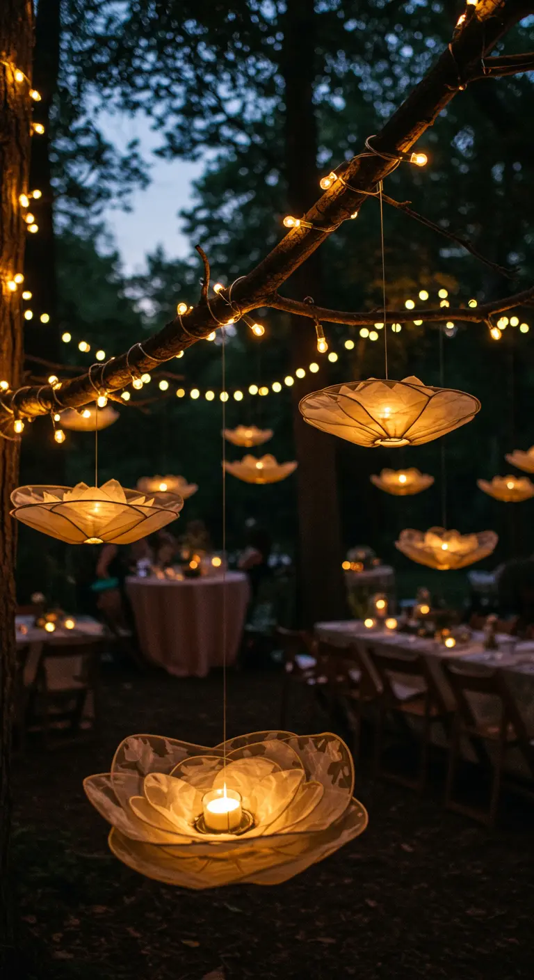 Glowing white paper flower lanterns with candles inside hanging from a tree branch at night.