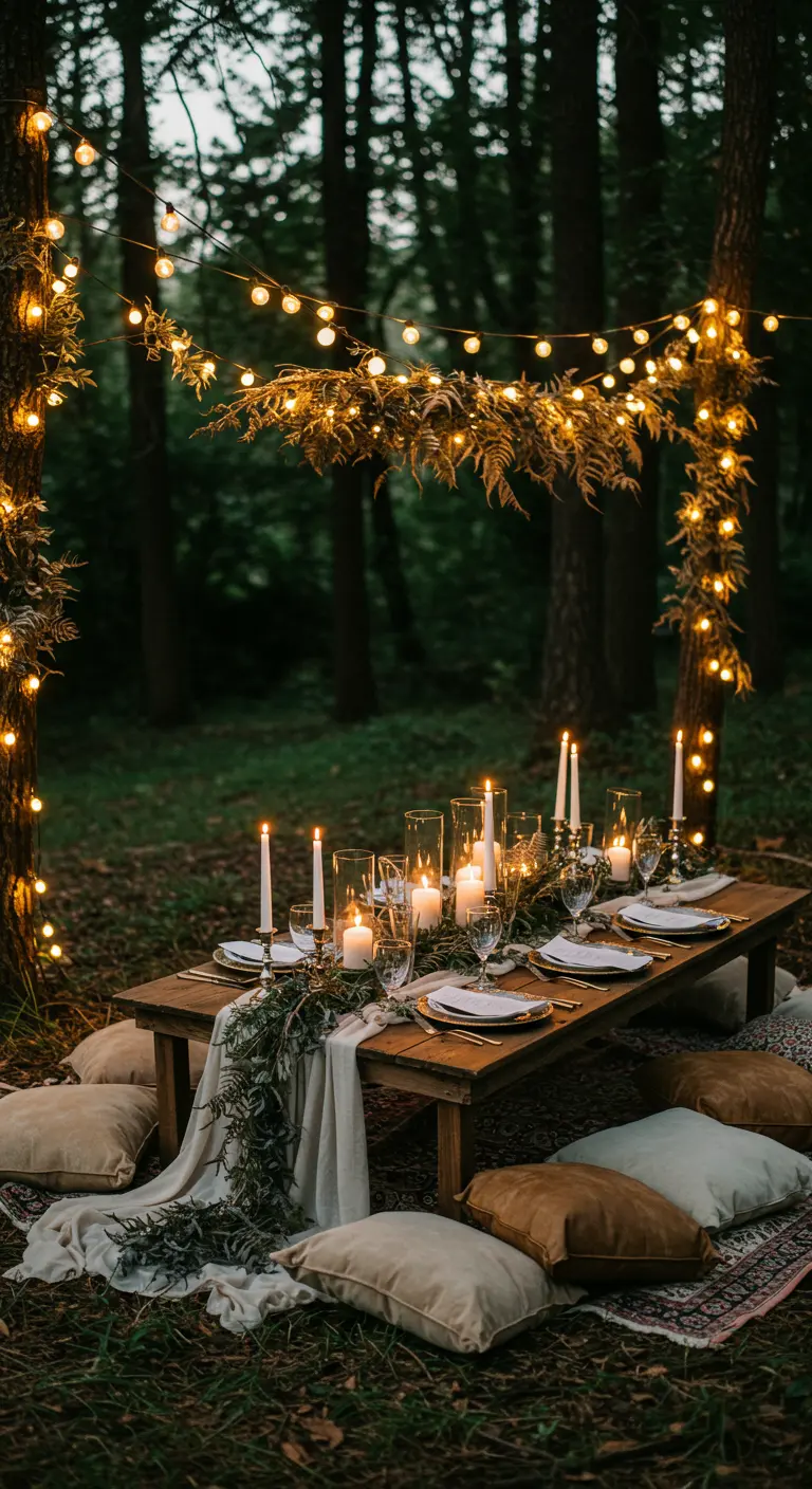 Low table in a forest with candles, pillows, and string lights wrapped around trees.