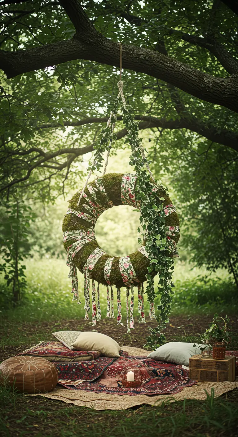 Moss-covered tire swing with floral fabric in a lush forest.
