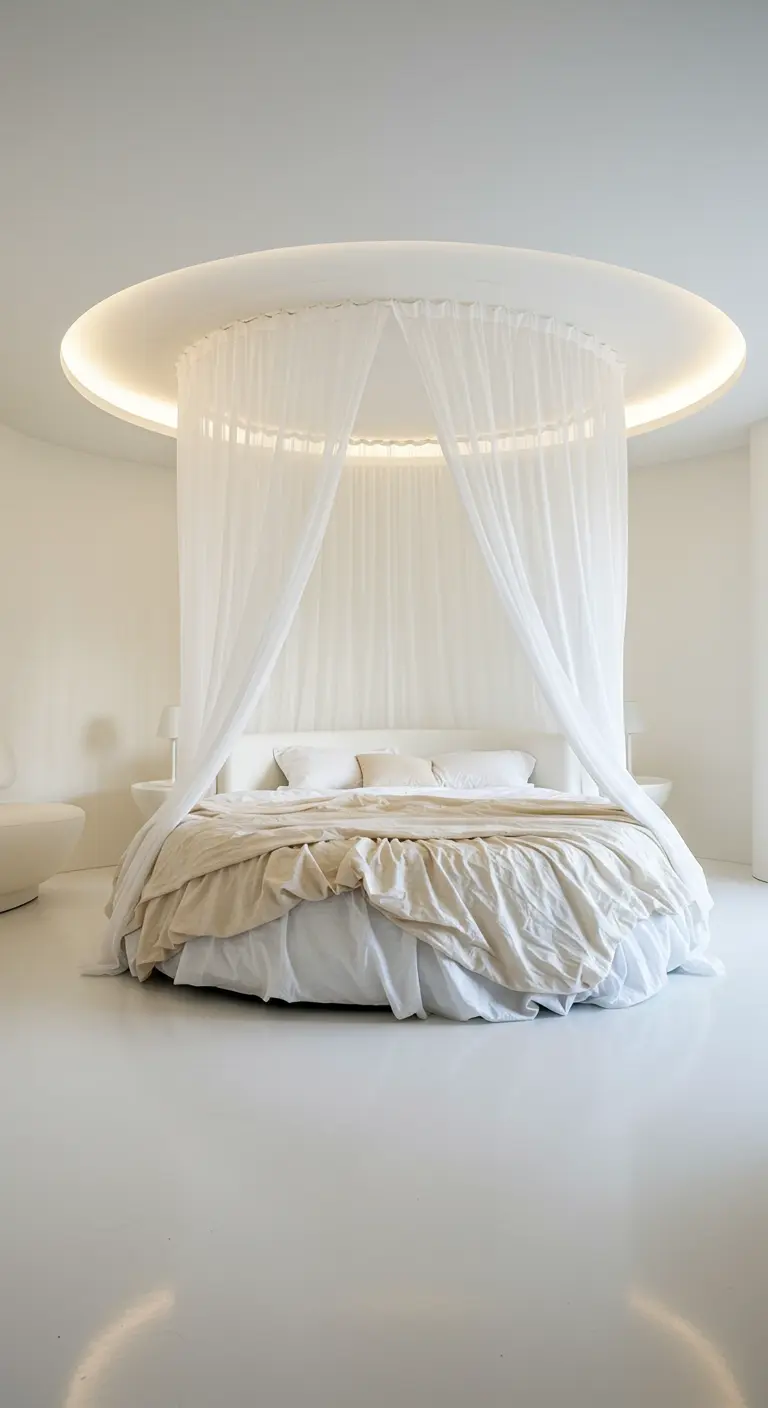 A round bed is surrounded by a sheer canopy hanging from a circular recessed ceiling light.