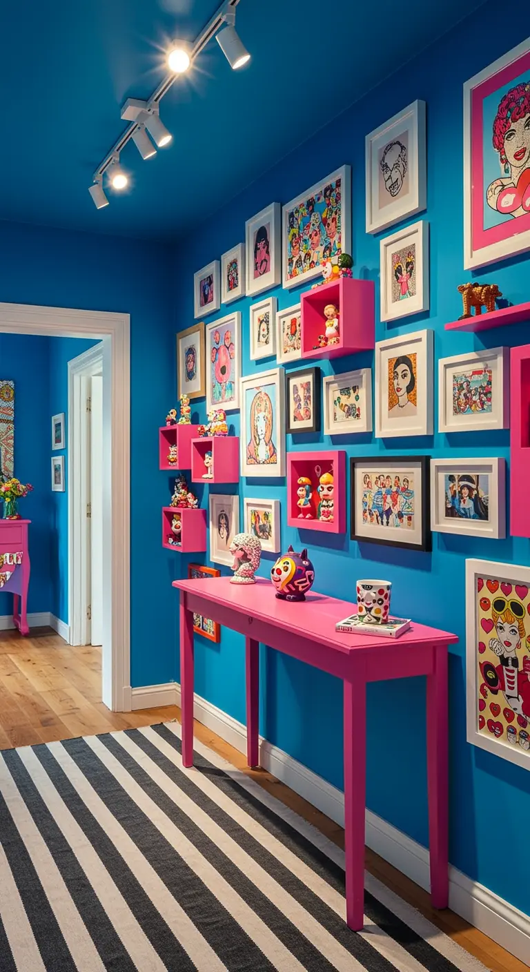 Bright blue hallway with a pink console table, colorful pop art, and a striped rug.