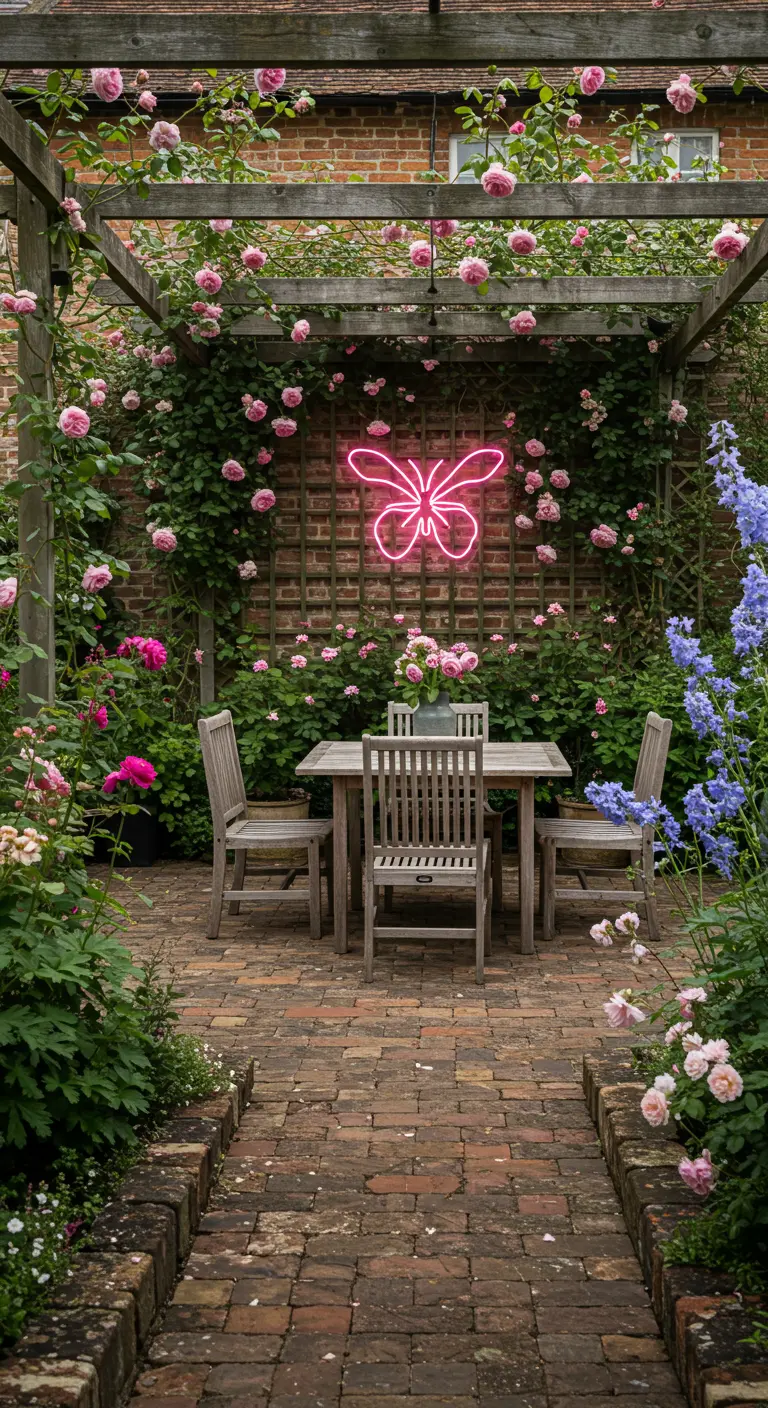 A classic English garden with a pergola, climbing roses, and a neon butterfly sign.