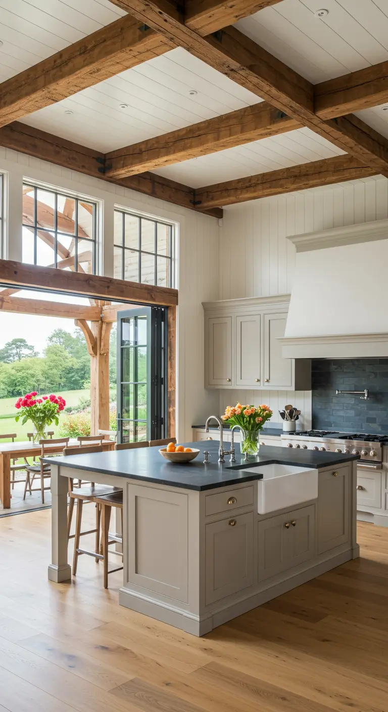 Bright kitchen with exposed beams, bifold doors, and a large island with farmhouse sink.
