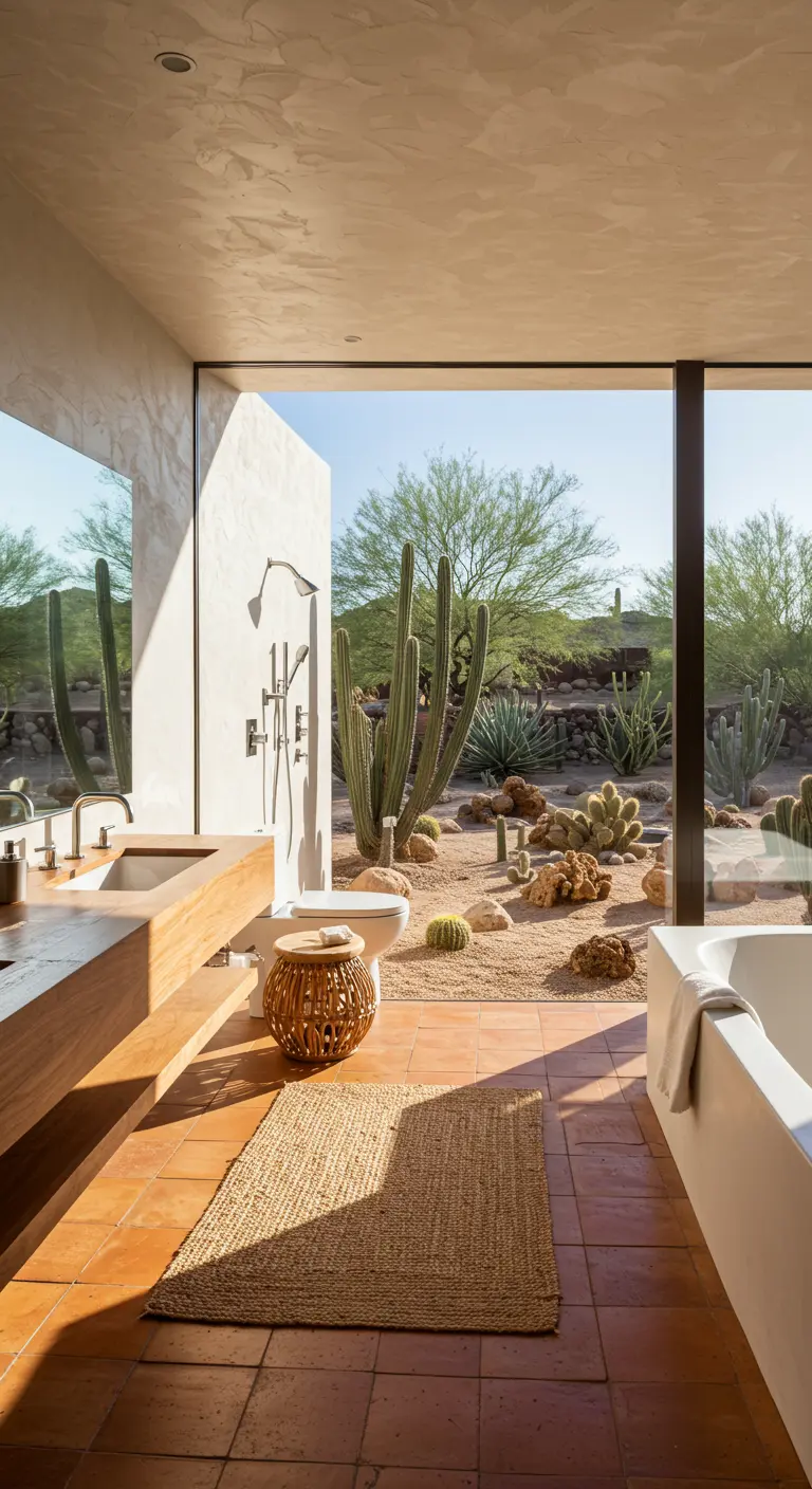Bathroom with a floor-to-ceiling window looking out onto a desert garden with cacti.