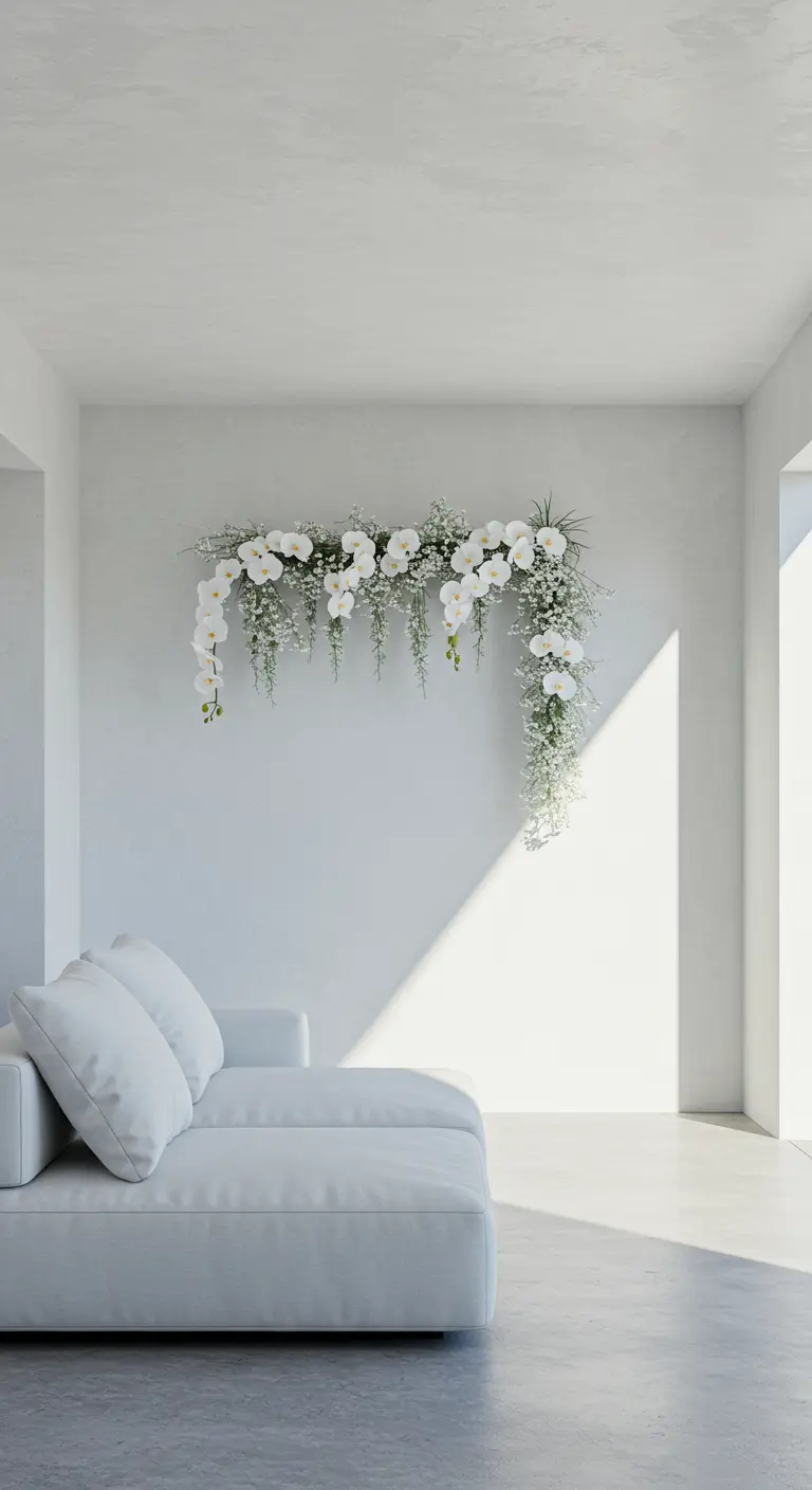 A minimalist white room with a white sofa, with a cascading white orchid garland on the wall.