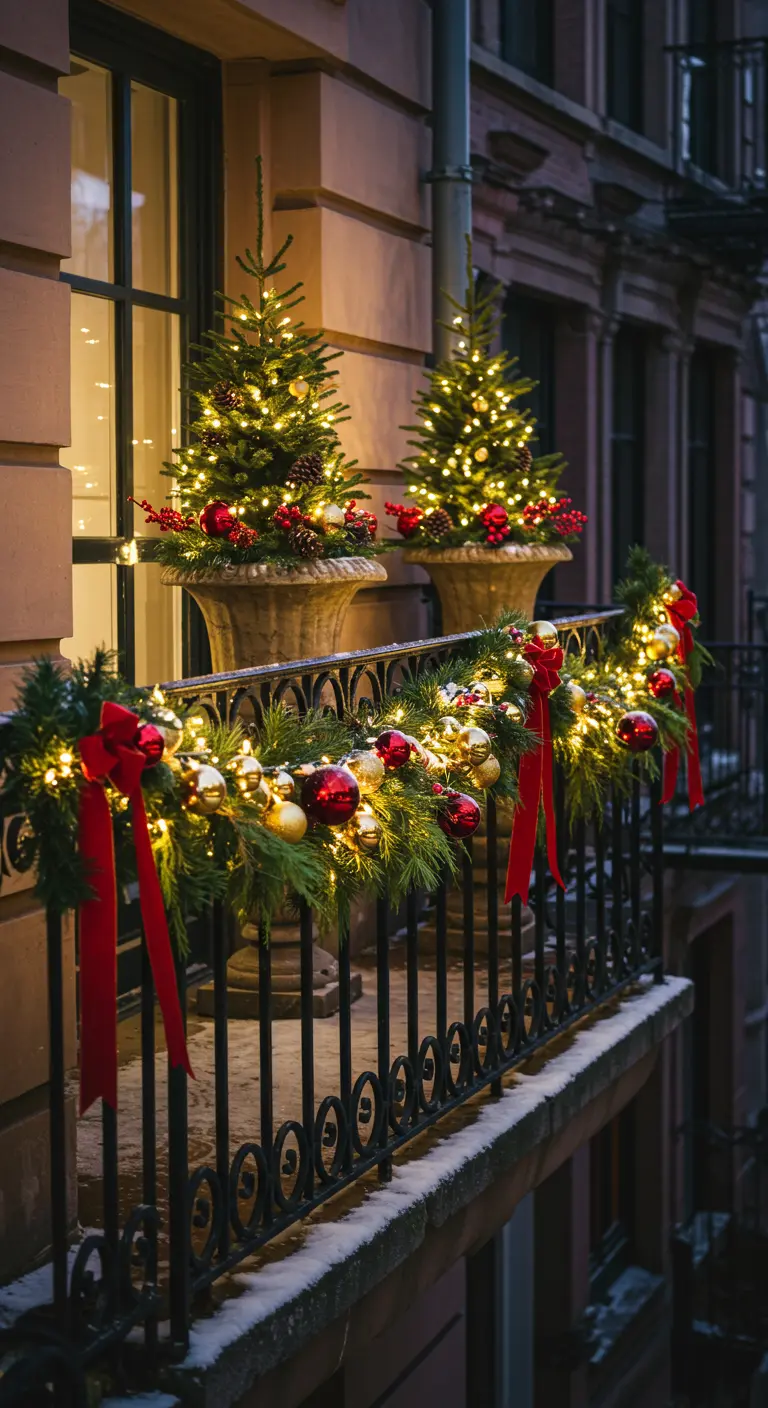 Classic Christmas balcony with lit mini-trees and a red-and-gold garland on the railing.
