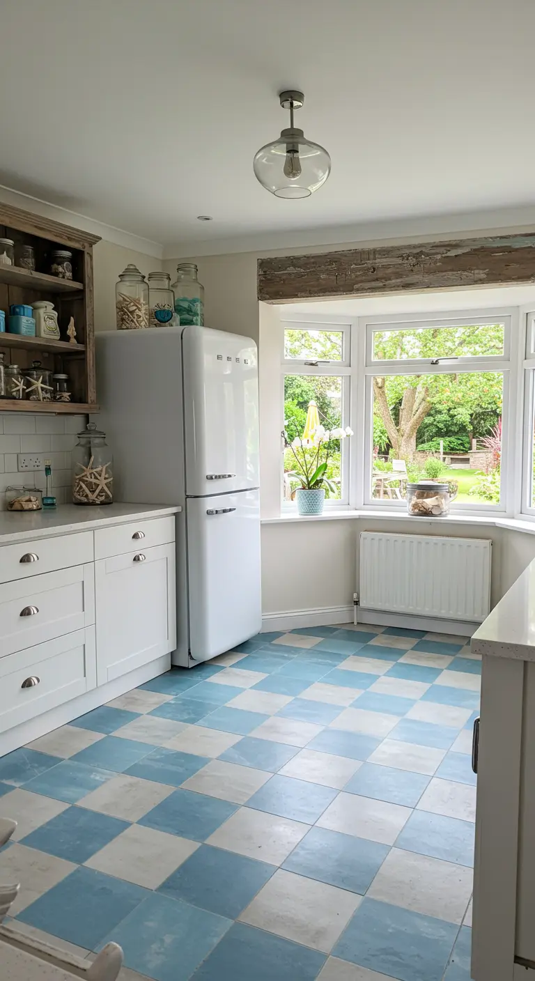Coastal-style kitchen with a white retro fridge and a weathered blue and cream checkerboard floor.