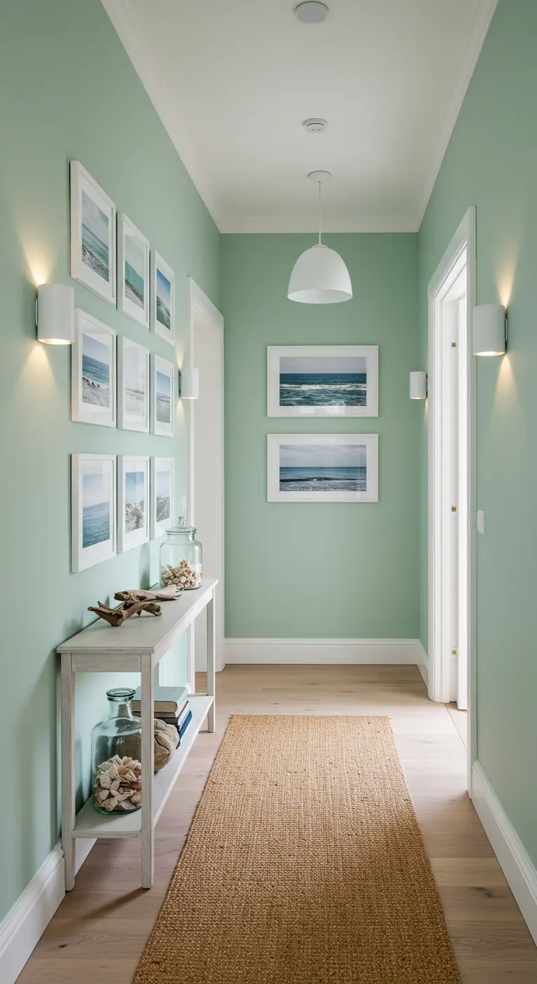 Coastal hallway with mint green walls, a white console table, and a jute runner rug.