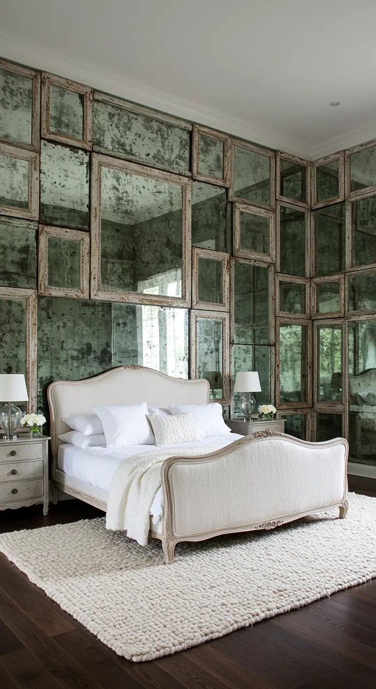 A bedroom with an accent wall covered in a collage of antiqued mirror panels.