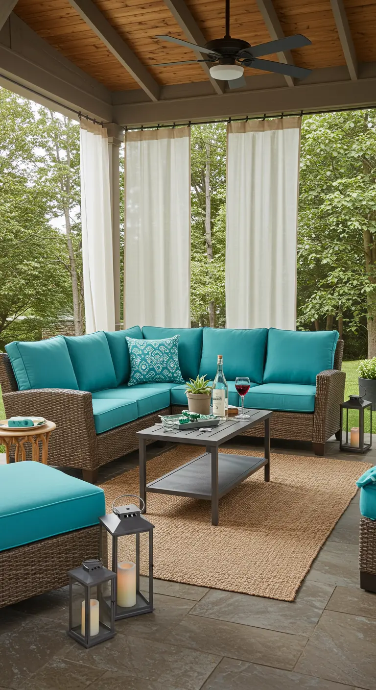 A covered patio with a large teal sectional sofa and white outdoor curtains.