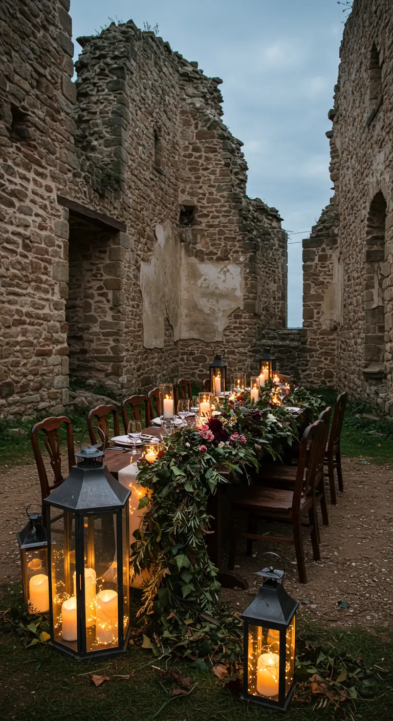 Table set in castle ruins, decorated with a lush floral garland and large candle lanterns.
