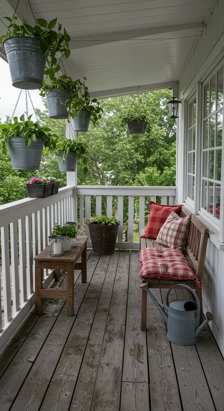 Rustic farmhouse porch with galvanized planters and red plaid cushions.