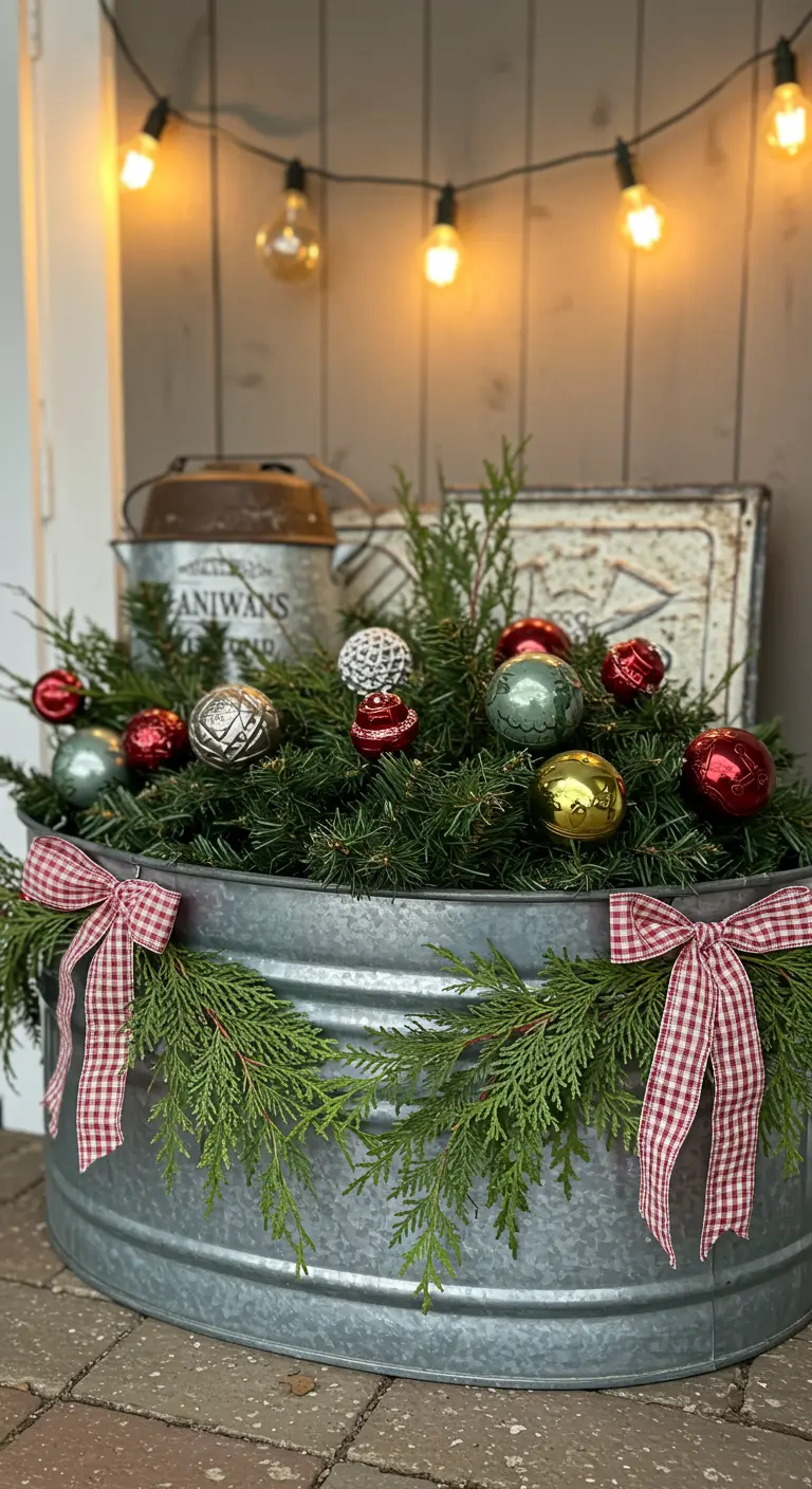 A galvanized trough planter filled with evergreens and ornaments, with a garland and gingham bows.