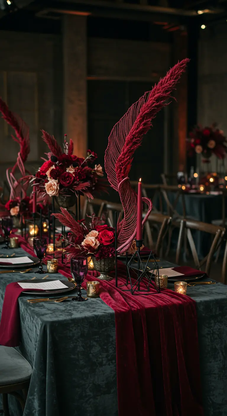Close-up of a table with a velvet runner, purple glassware, and dramatic red feathery foliage.