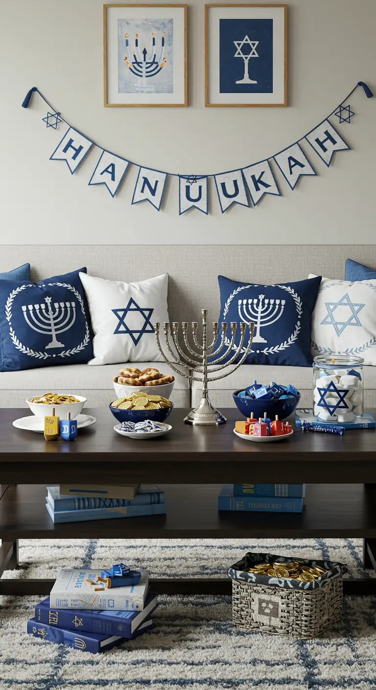Modern Hanukkah decor with blue and white themed pillows, a banner, and menorah centerpiece.