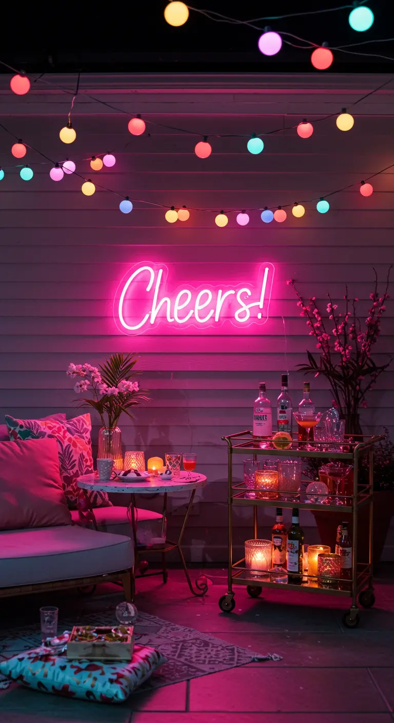 A festive patio party with a bar cart, colorful lights, and a neon 'Cheers!' sign.