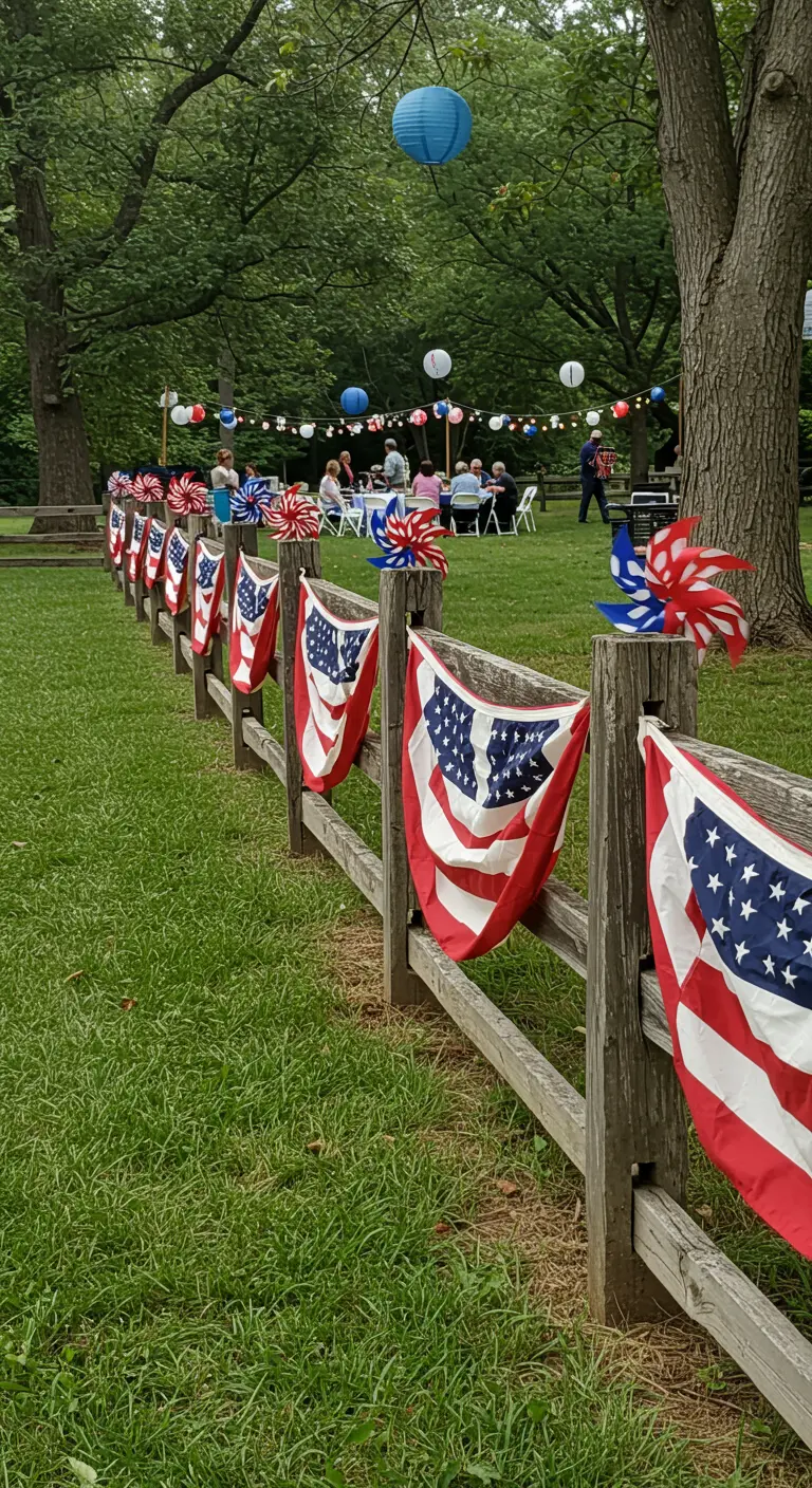 A rustic wooden fence decorated with American flag bunting and colorful pinwheels on the posts.