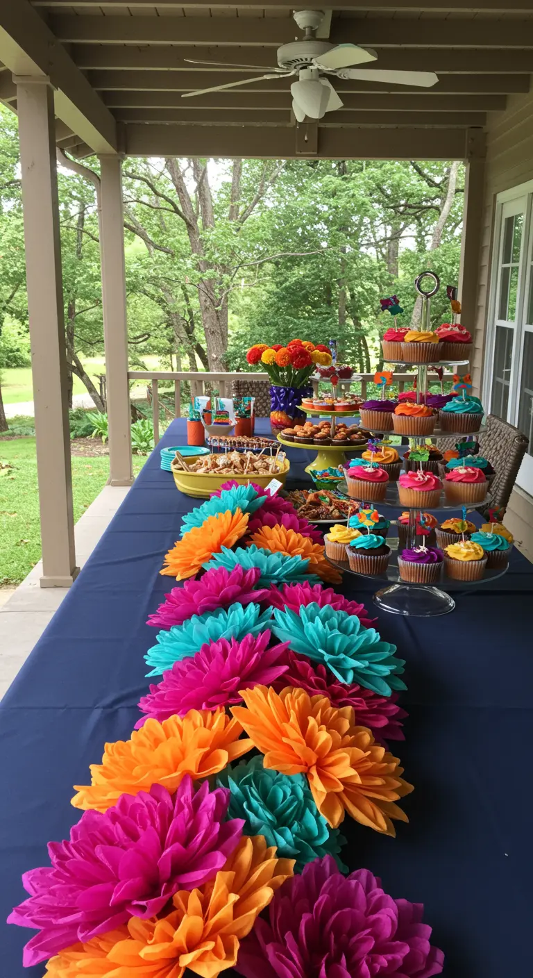 A vibrant paper flower table runner in fuchsia, turquoise, and orange on a navy blue tablecloth.