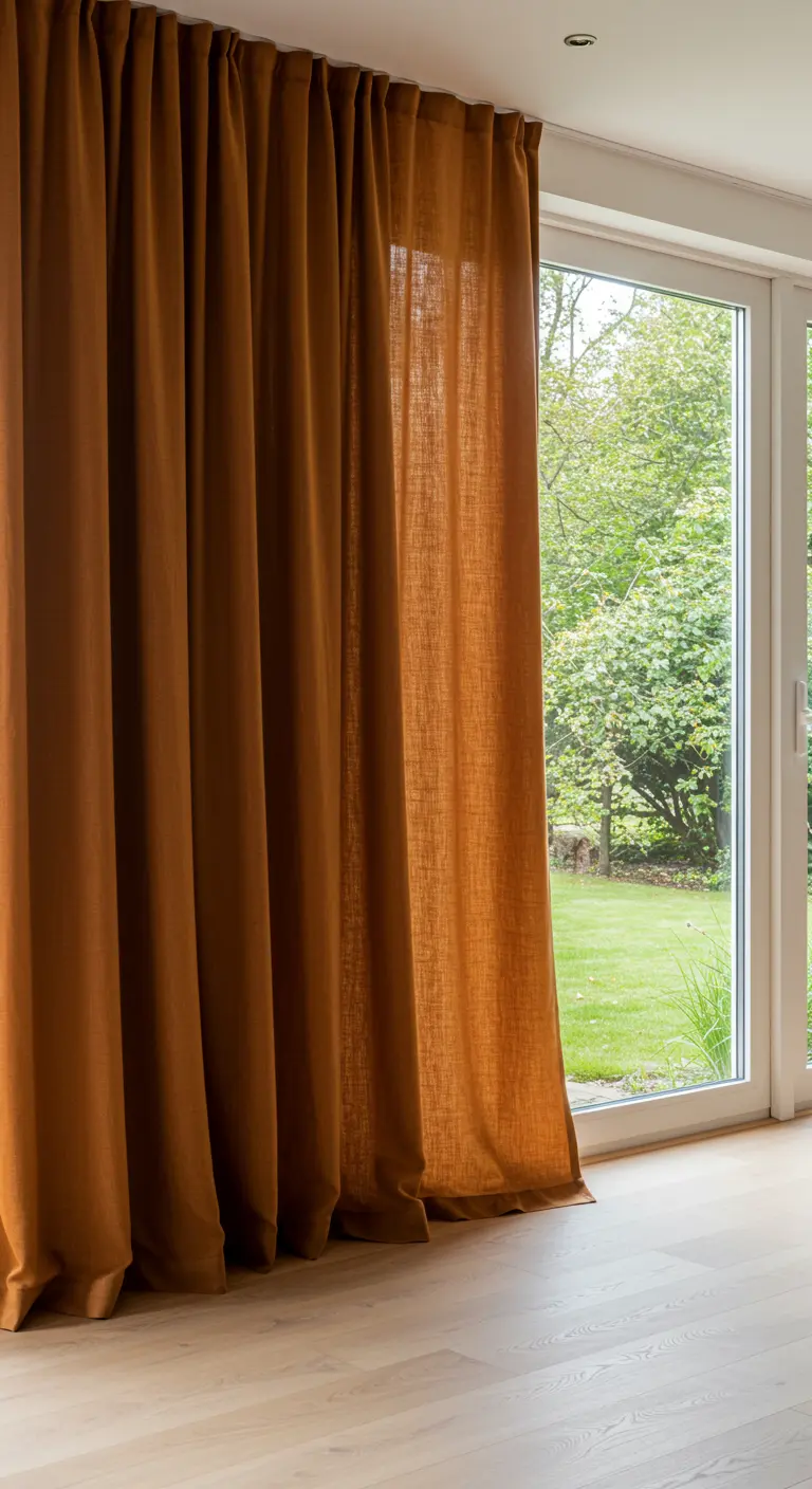 Burnt orange linen curtains hanging in front of a large window.