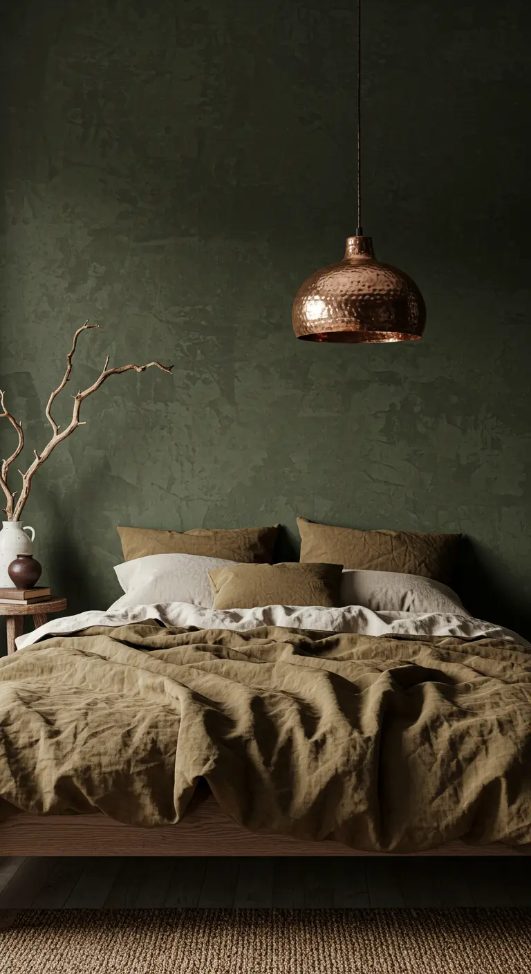Bedroom with textured dark green walls, linen bedding, and a hammered copper pendant light.