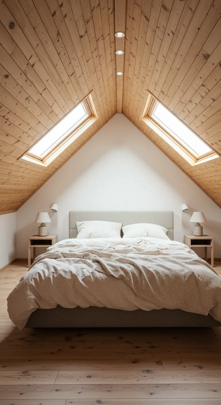 Symmetrical loft bedroom with a central bed between two skylights.