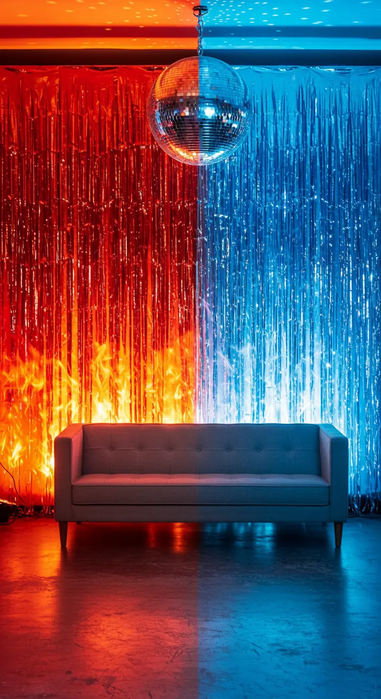 A photo backdrop split between red fringe with fire effects and blue fringe with cool lighting.