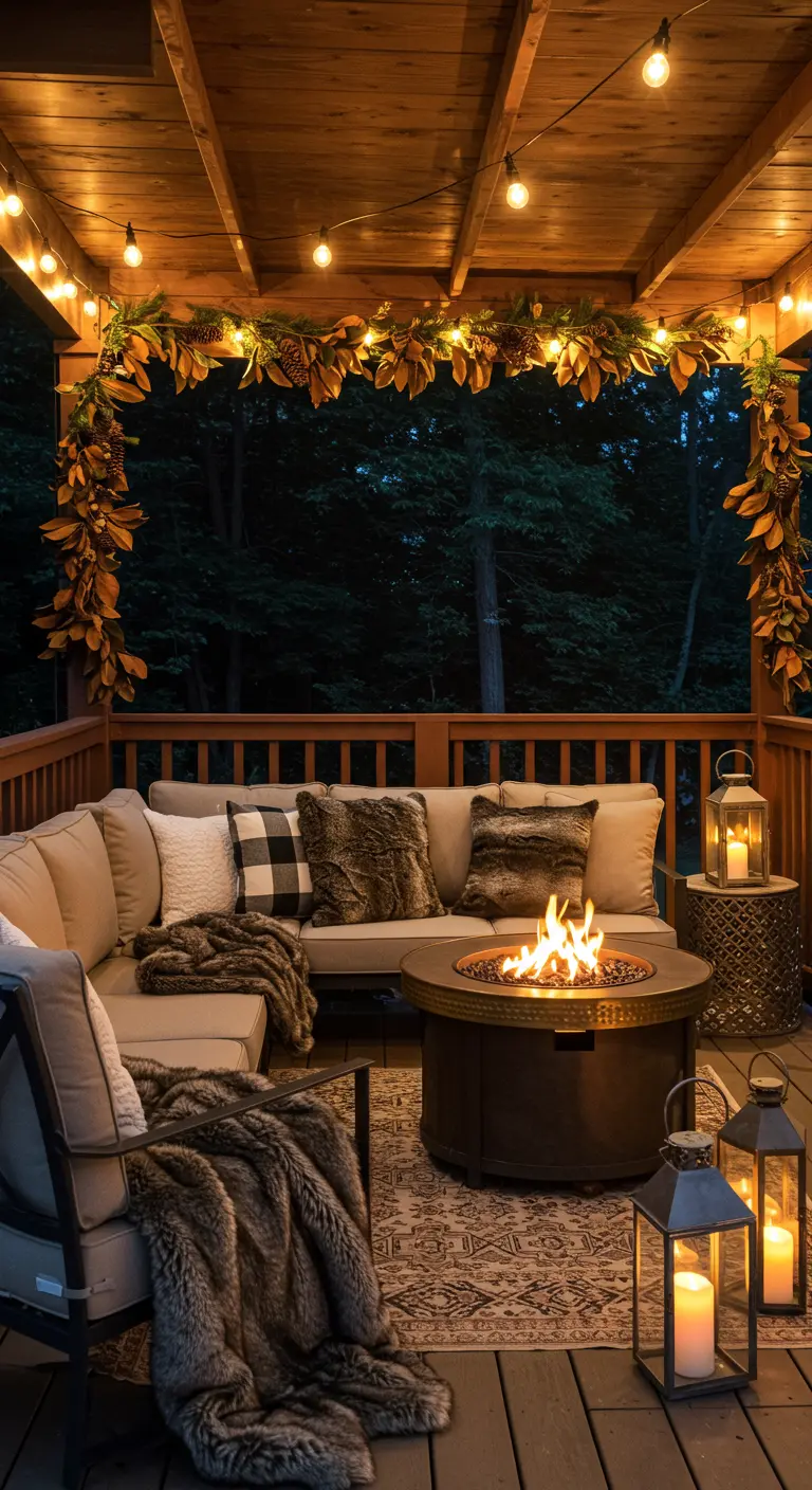 A cozy outdoor deck with a fire pit, sectional sofa with fur throws, and string lights.